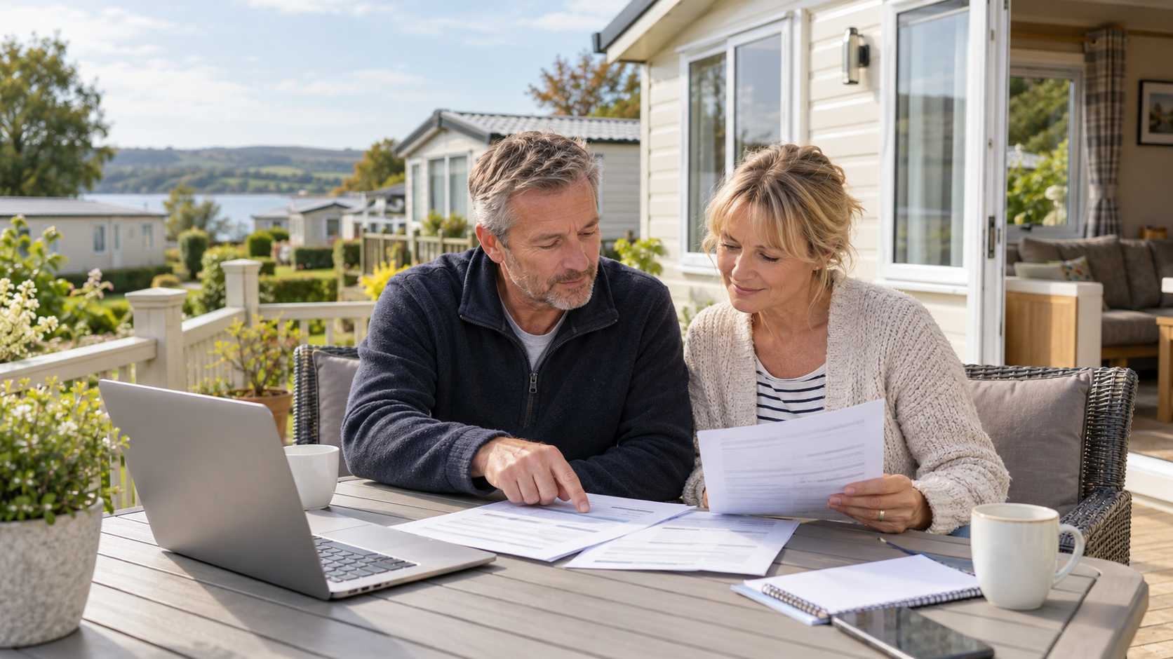 Couple comparing insurance documents on the decking outside their static caravan.