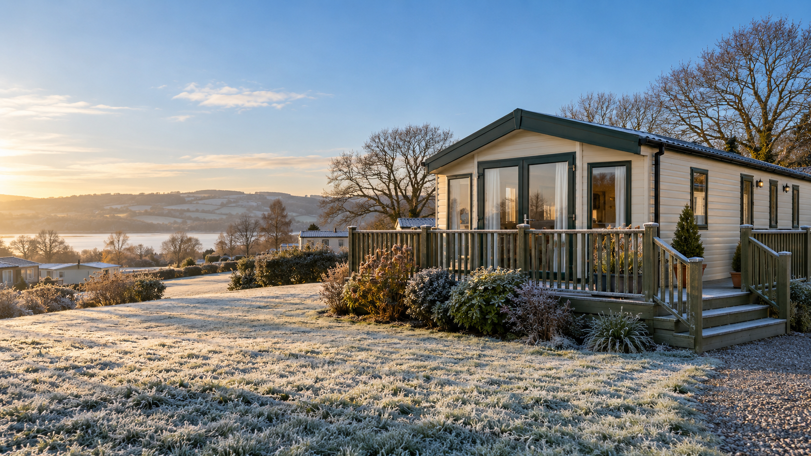 Static caravan with frosted decking and grass on a sunny winter morning